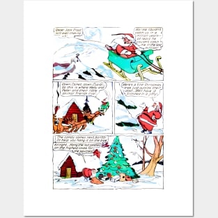 Santa Claus arrives in his sleigh with his reindeer friends to leave the gifts under the snow-filled Christmas tree Retro Vintage Comic Book Posters and Art